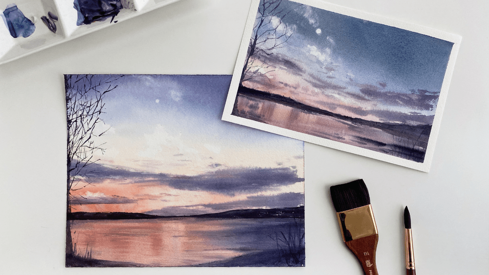 Watercolor Dawn Purple Sunrise Painting - My painting progress